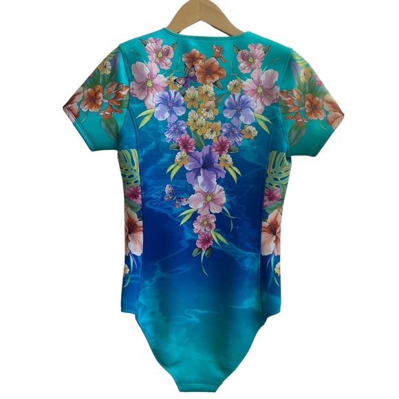 Johnny Was Swimsuit One Piece Zip Neoprene Blue Teal Tie Dye Floral Medium - Picture 7 of 13